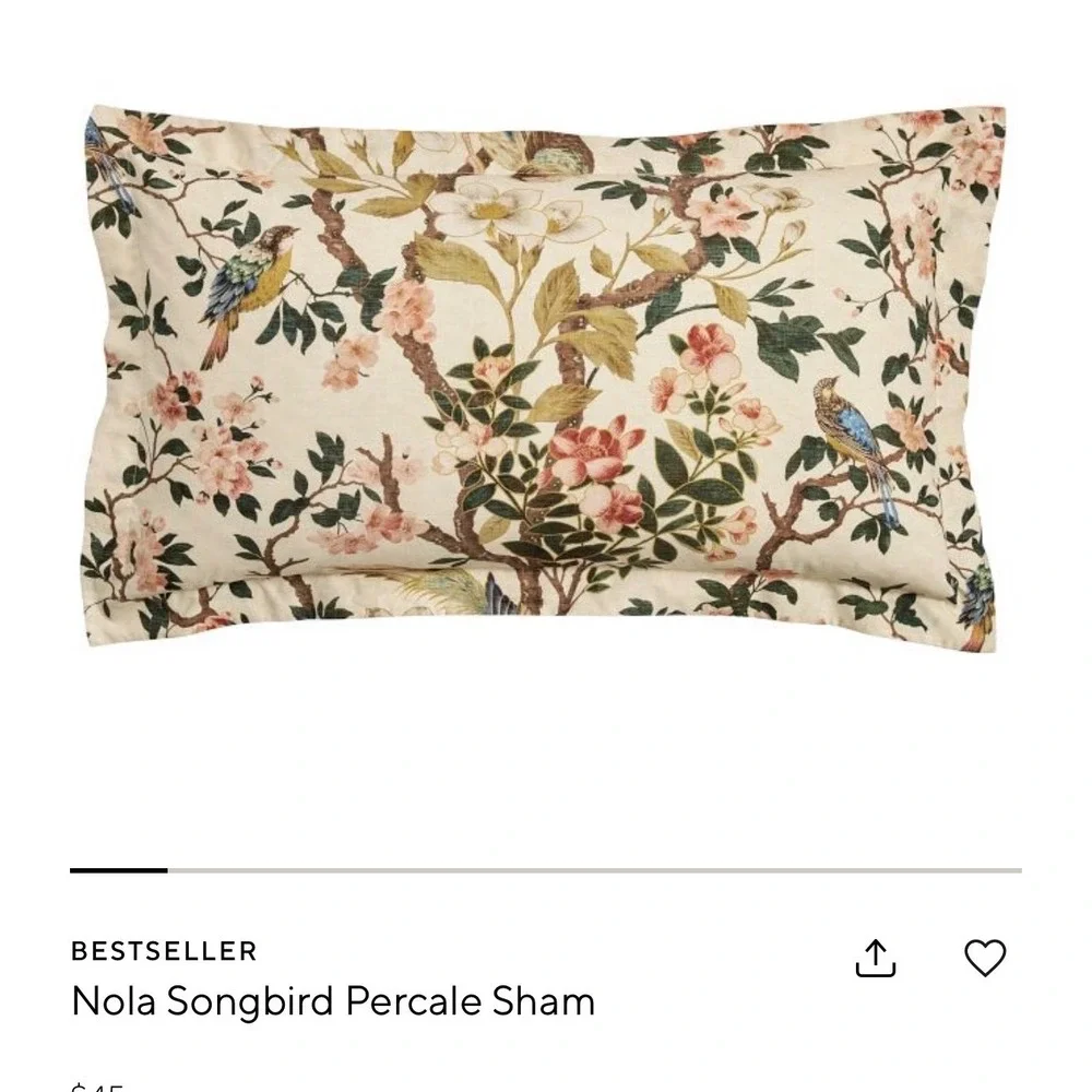 Pottery Barn Nola Songbird Percale King Sham Cotton Chinoiserie Floral Bird NEW
